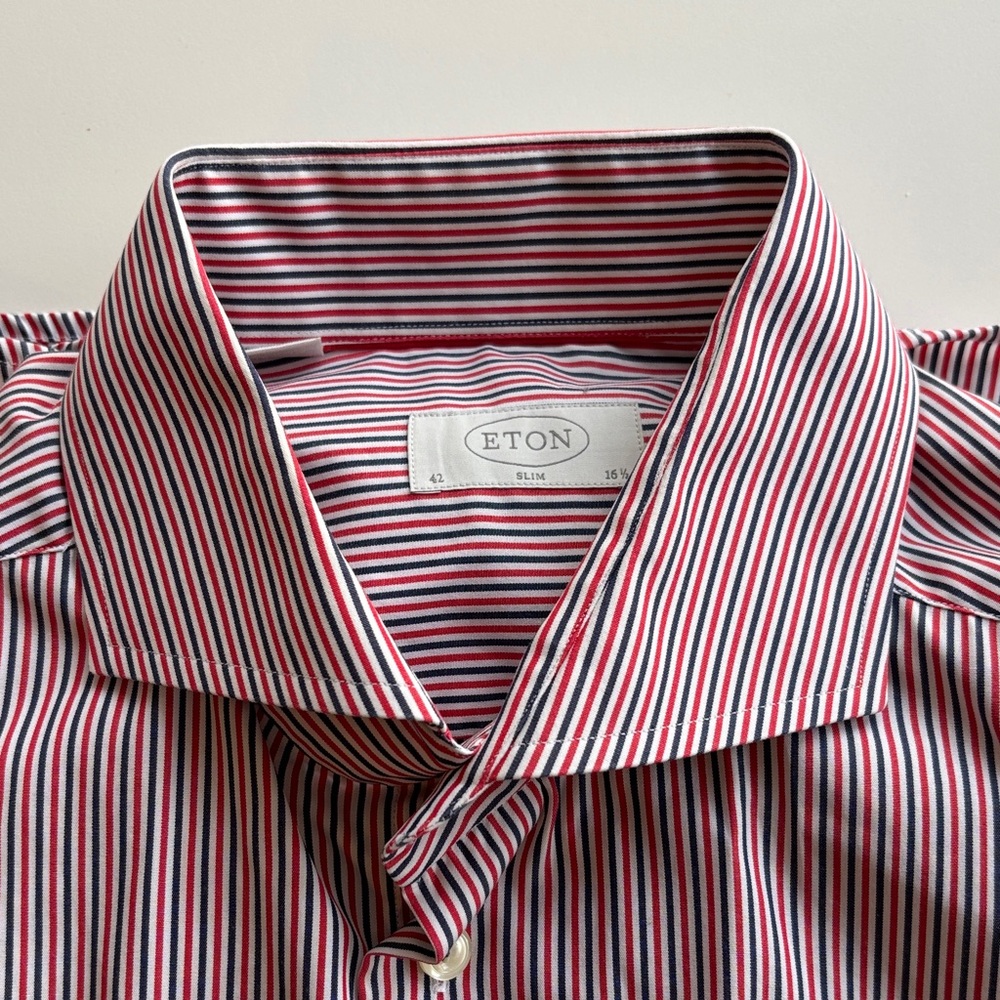 Eton Slim Red, White & Blue Narrow-Stripe Dress Shirt 100% Cotton
